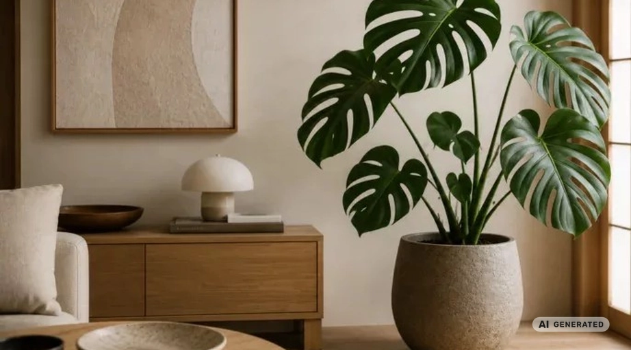 monstera-deliciosa-w-stylu-japandi Rośliny do wnętrz w stylu japandi. Wybierz je, a efekt Cię zaskoczy