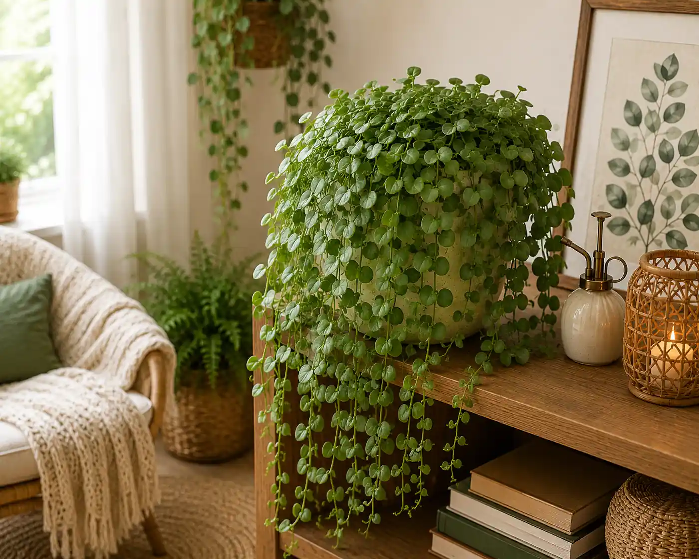 Dischidia-nummularia-w-stylu-boho Rośliny do wnętrz boho. Te gatunki tworzą niesamowity klimat